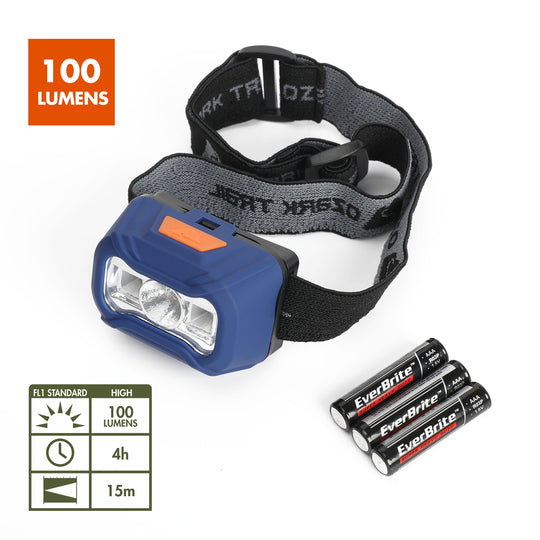 100 Lumens LED Headlamp in Blue, Includes 3 AAA Batteries, Model 31639, Weighs 0.21 lbs