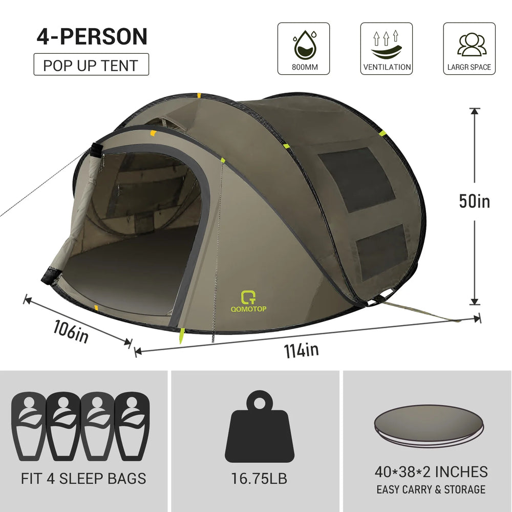 4-Person Instant Waterproof Camping Tent with Automatic Setup and Large Side Screen Windows, Green