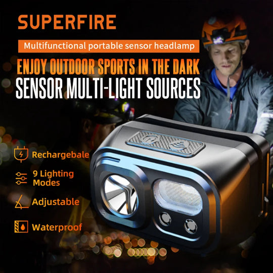 SUPERFIRE HL23 Mini LED USB-C Rechargeable Headlamp Motion Sensor Headlight 9 Modes Light for Camping Fishing Working Lantern