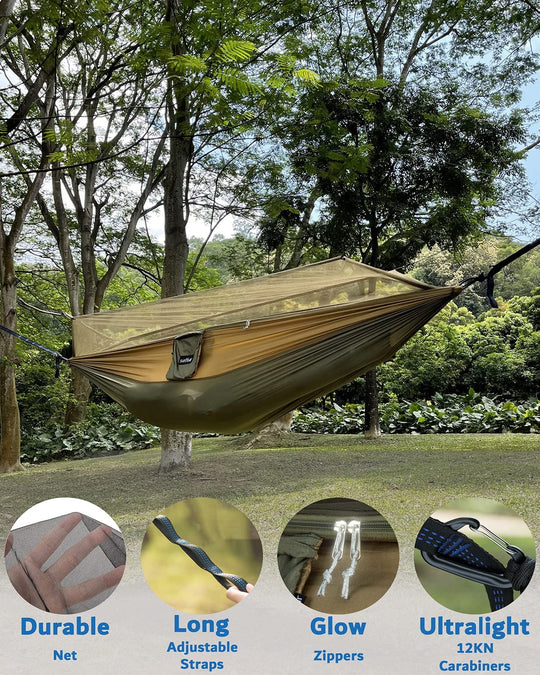 Portable Double Camping Hammock with Insect Net, Ideal for Outdoor Hiking and Travel - Includes Two 10ft Straps