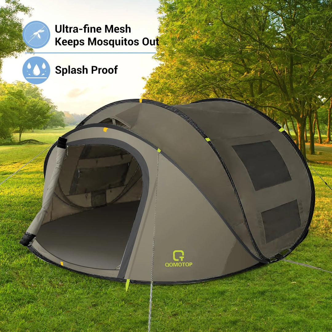 4-Person Instant Waterproof Camping Tent with Automatic Setup and Large Side Screen Windows, Green