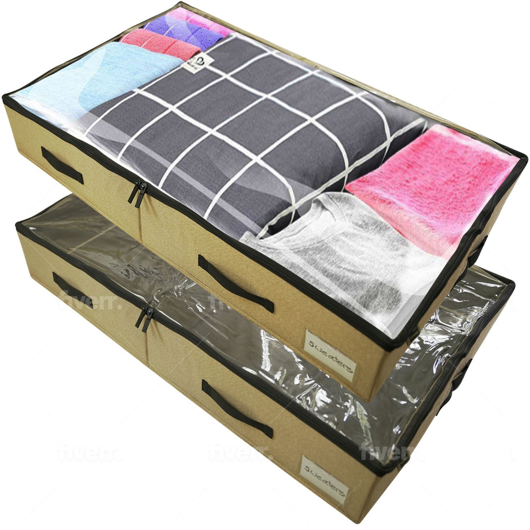 Smart Living 2 Pack Under-the-Bed Cotton Linen Storage Bag | Organizer Box for Clothes, Blankets, Comforters, Shoes, Toys | Sturdy Base & 8MM Zippers | Transparent PVC Lid | 24 Gallon