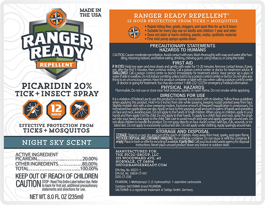 Ranger Ready Picaridin Insect Repellent and Tick Spray - Night Sky Scent, DEET-Free, 8 Oz. (Single Pack)