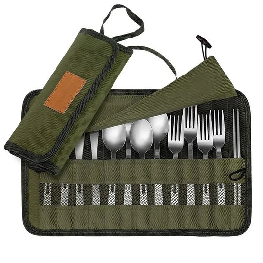 Outdoor Camping Cutlery Storage Bag Portable Roll Up Pouch Bag Cutlery Storage Water Resistant Case for Forks Spoons Chopstick