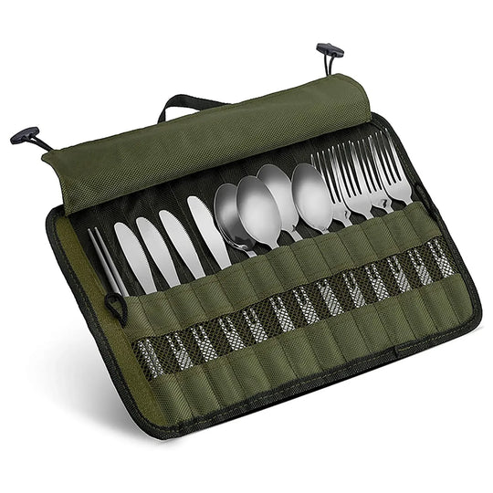 Outdoor Camping Cutlery Storage Bag Portable Roll Up Pouch Bag Cutlery Storage Water Resistant Case for Forks Spoons Chopstick