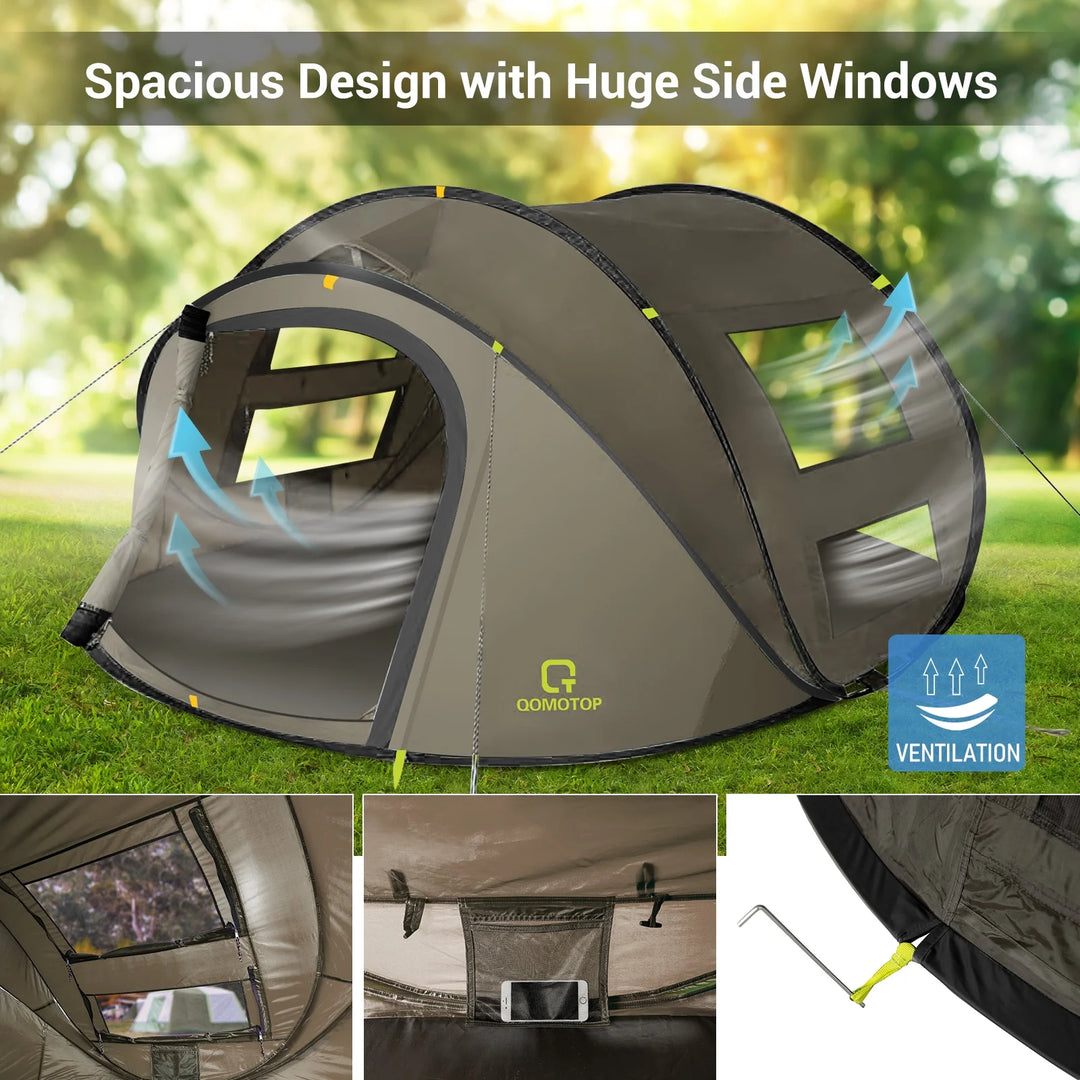 4-Person Instant Waterproof Camping Tent with Automatic Setup and Large Side Screen Windows, Green