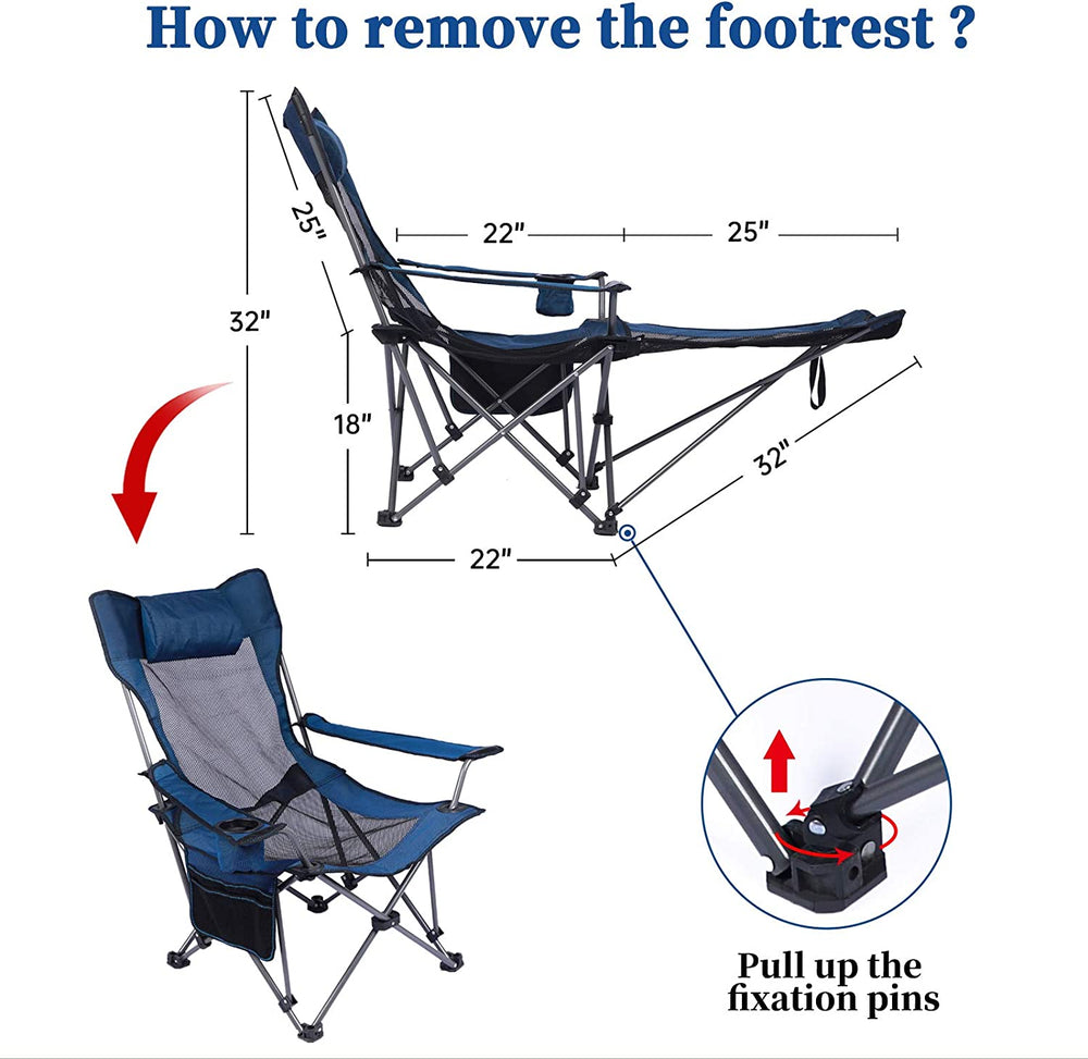 Deluxe Portable Reclining Camping Chair with Footrest, Headrest, and Storage Bag – Mesh Design, 330 lbs Weight Capacity