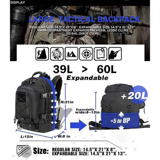 60L Tactical Backpack for Men & Women