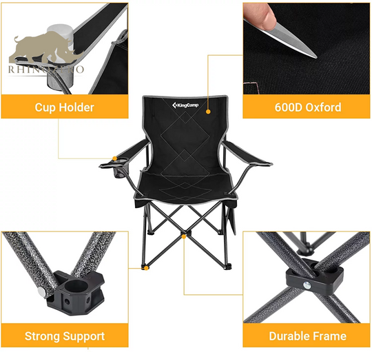 Portable Folding Camping Chair for Adults - Black, Supports Up to 220 lbs