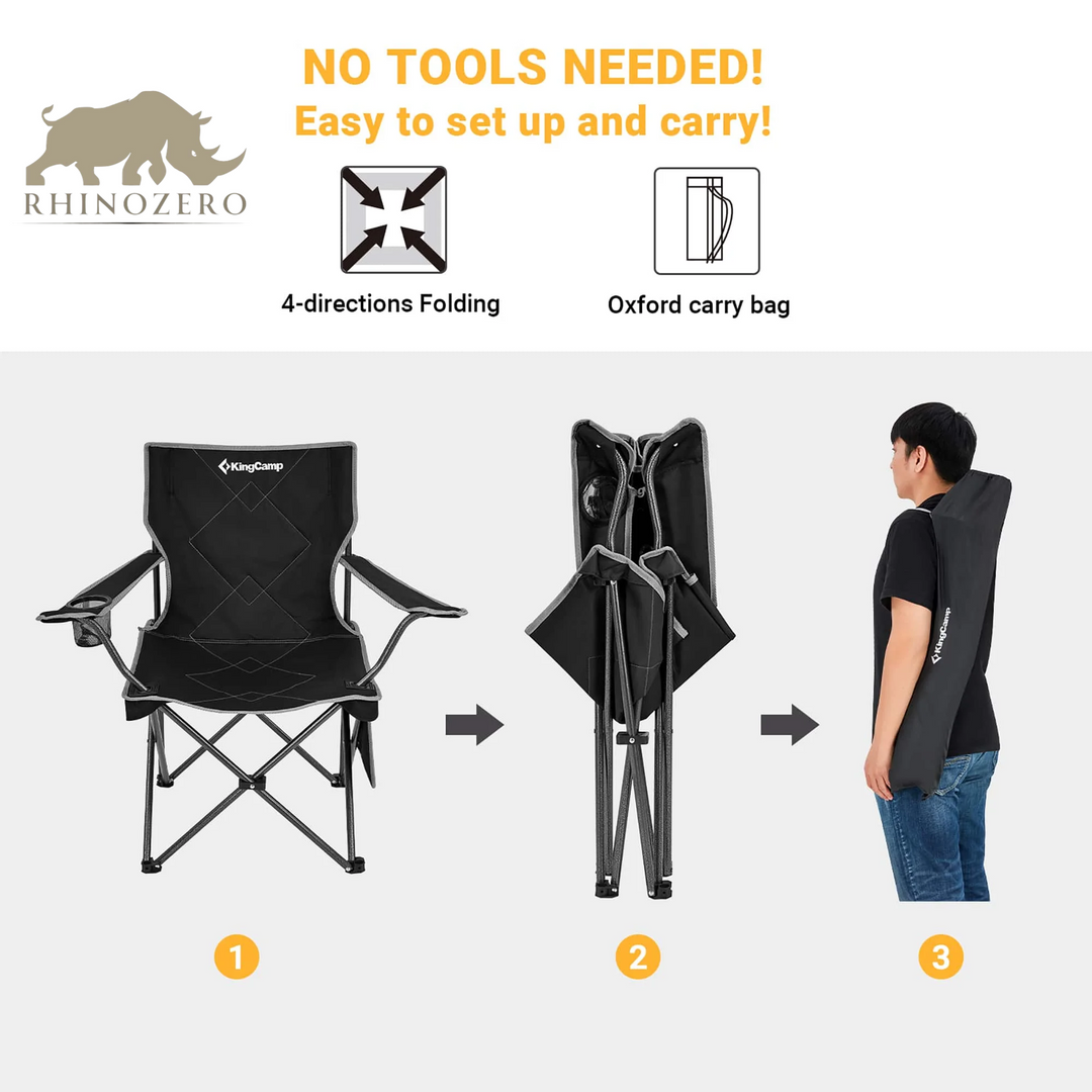 Portable Folding Camping Chair for Adults - Black, Supports Up to 220 lbs