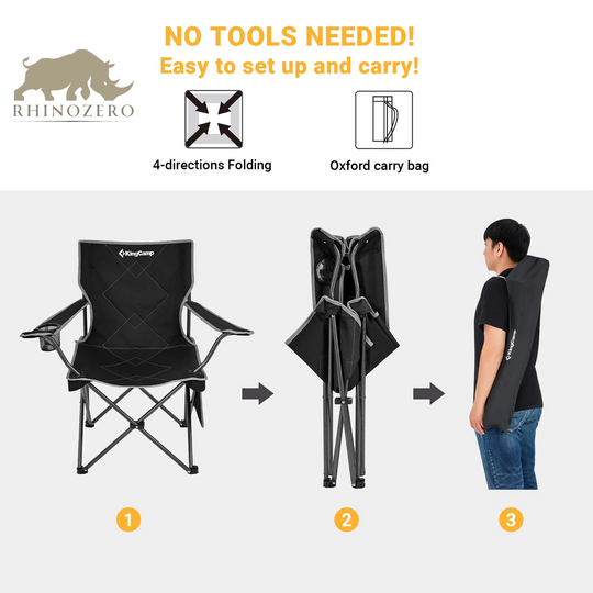 Portable Folding Camping Chair for Adults - Black, Supports Up to 220 lbs