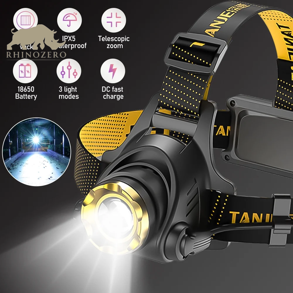 Rechargeable Tactical LED Headlamp - 9900 Lumens, 3 Adjustable Modes, Zoom Function for Adults