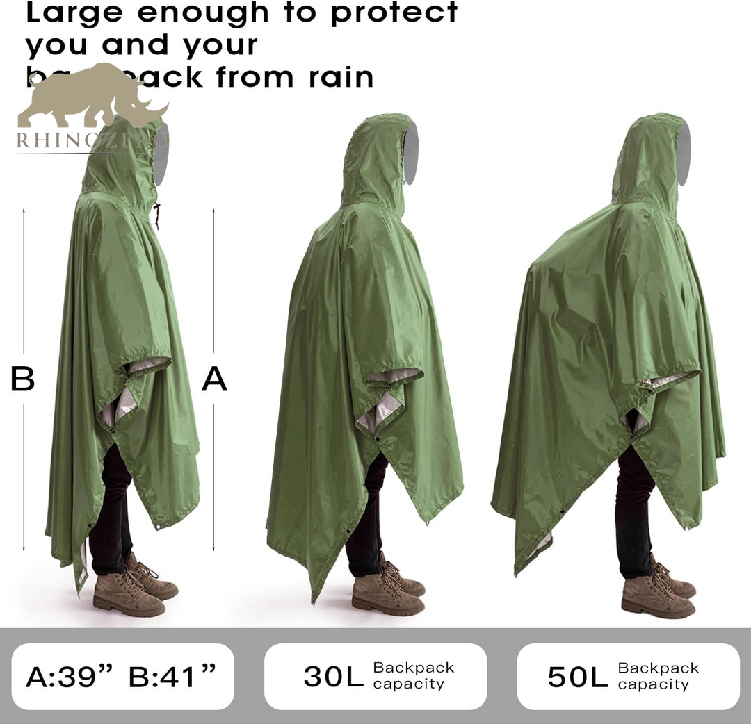 Waterproof Lightweight Reusable Hooded Poncho - Unisex Raincoat for Hiking, Camping, and Emergency Use