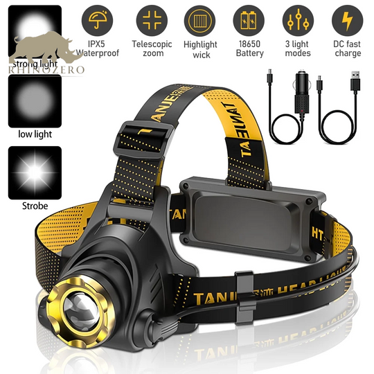 Rechargeable Tactical LED Headlamp - 9900 Lumens, 3 Adjustable Modes, Zoom Function for Adults